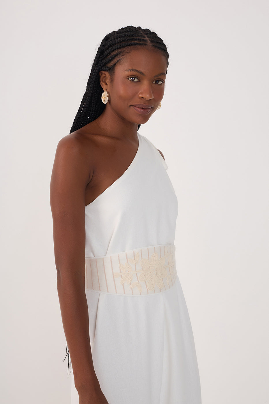 CROPPED LINEN EMBROIDERED YOKE DRESS
