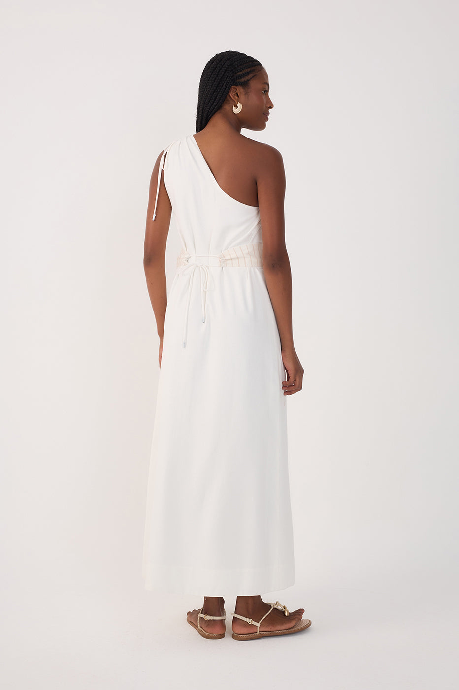 CROPPED LINEN EMBROIDERED YOKE DRESS