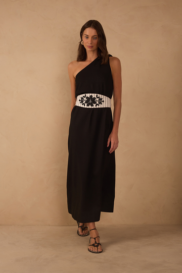 Black One-Shoulder Embroidered Midi Dress
