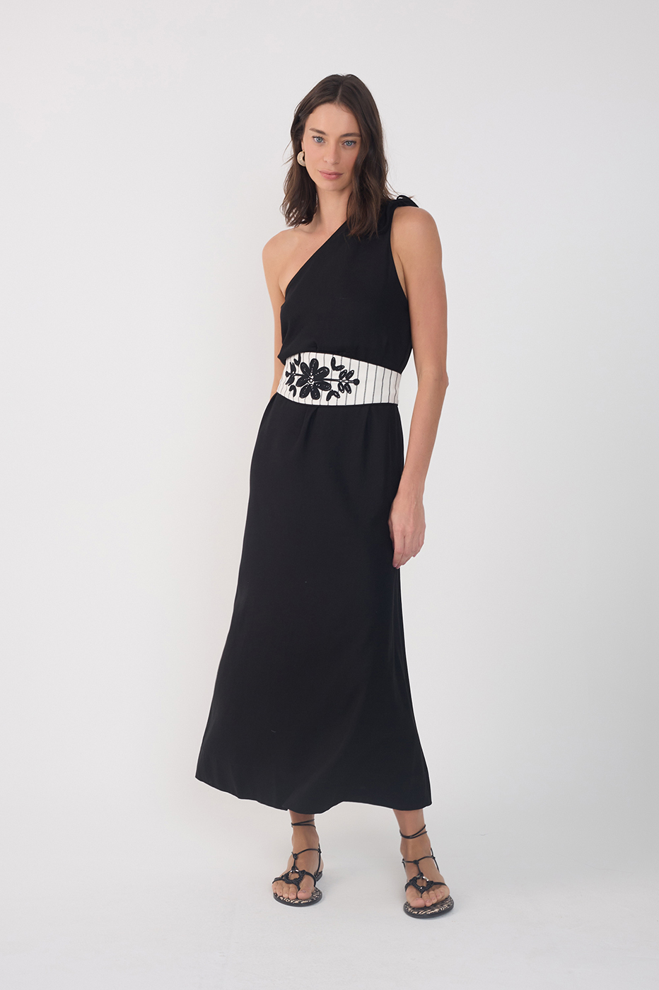 Black One-Shoulder Embroidered Midi Dress