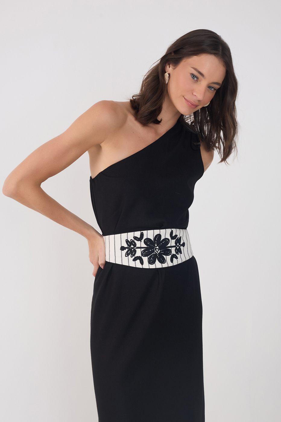 Black One-Shoulder Embroidered Midi Dress