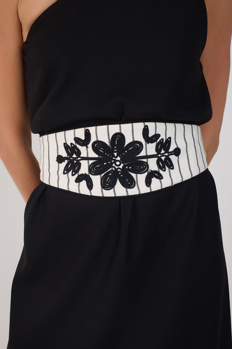 Black One-Shoulder Embroidered Midi Dress