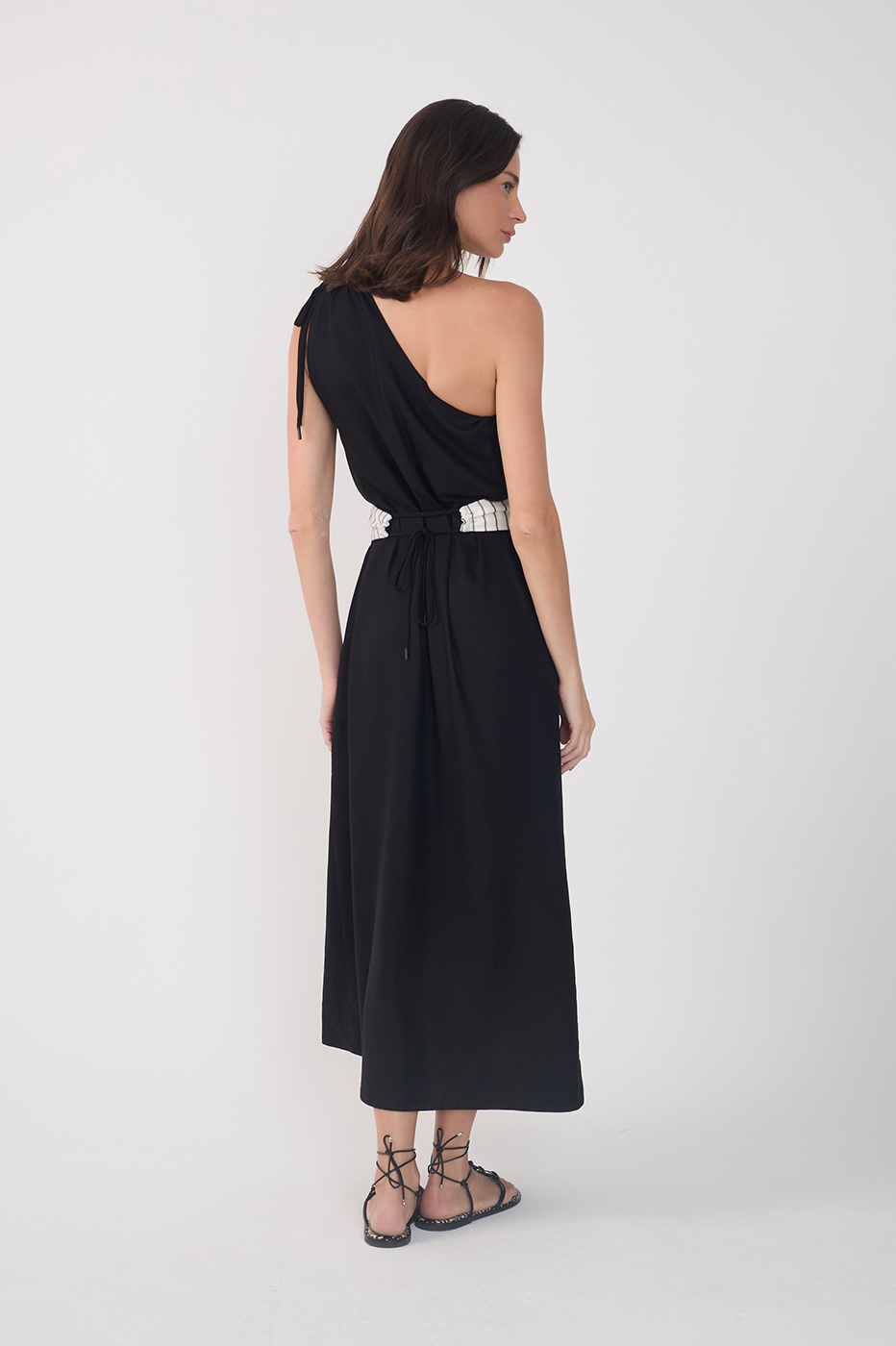 Black One-Shoulder Embroidered Midi Dress