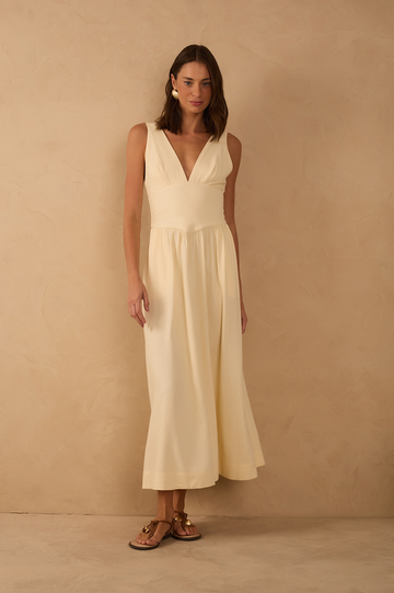 Beige Linen Cropped Large Yoke Dress