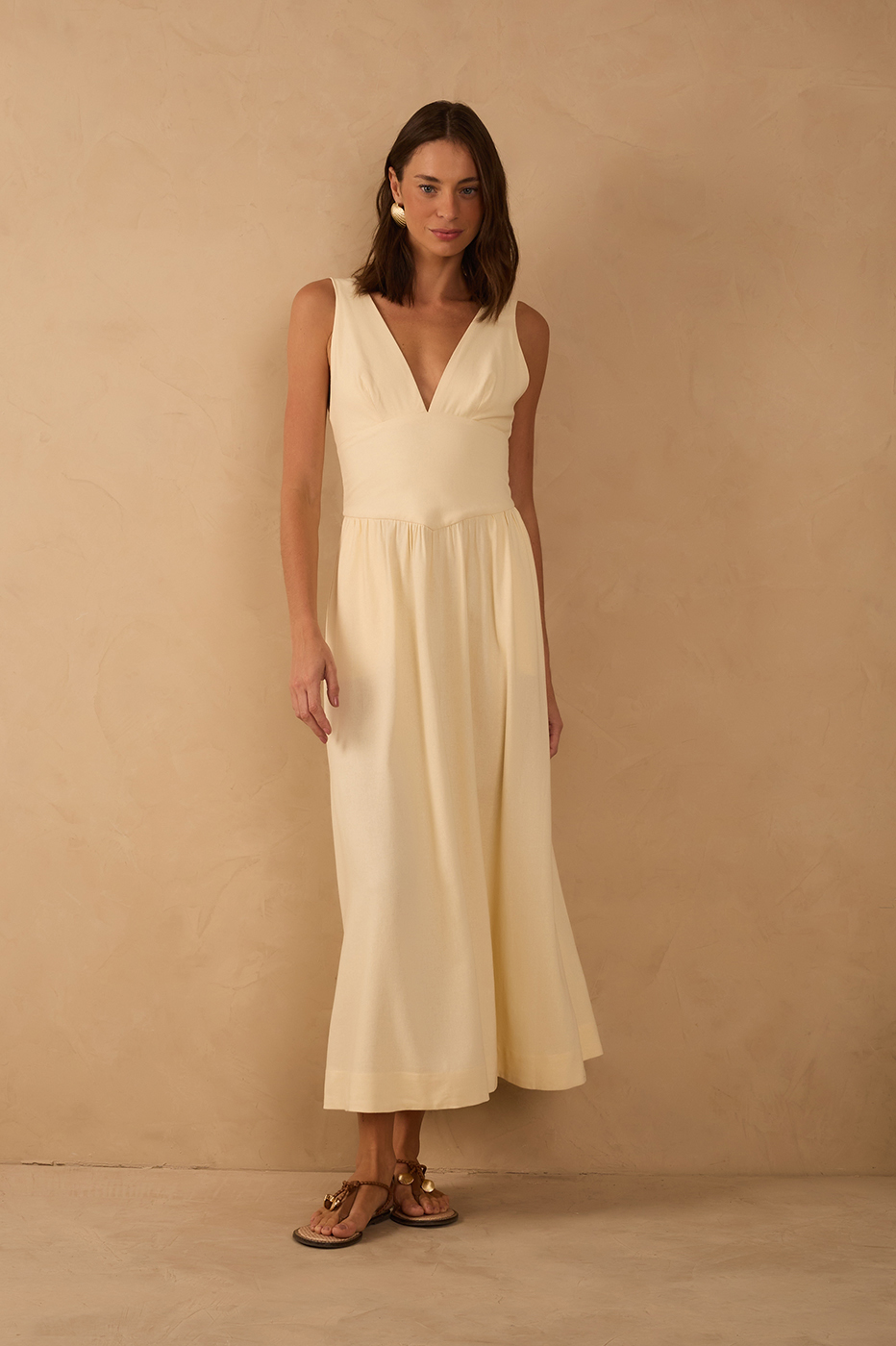 Beige Linen Cropped Large Yoke Dress