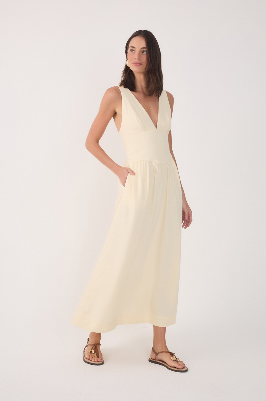 Beige Linen Cropped Large Yoke Dress