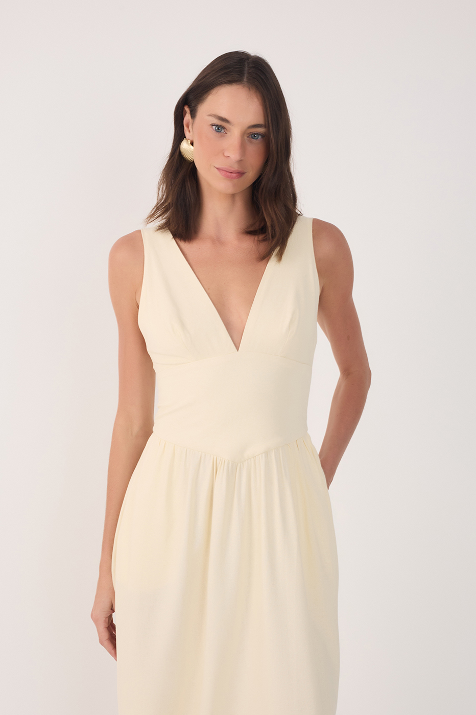 Beige Linen Cropped Large Yoke Dress