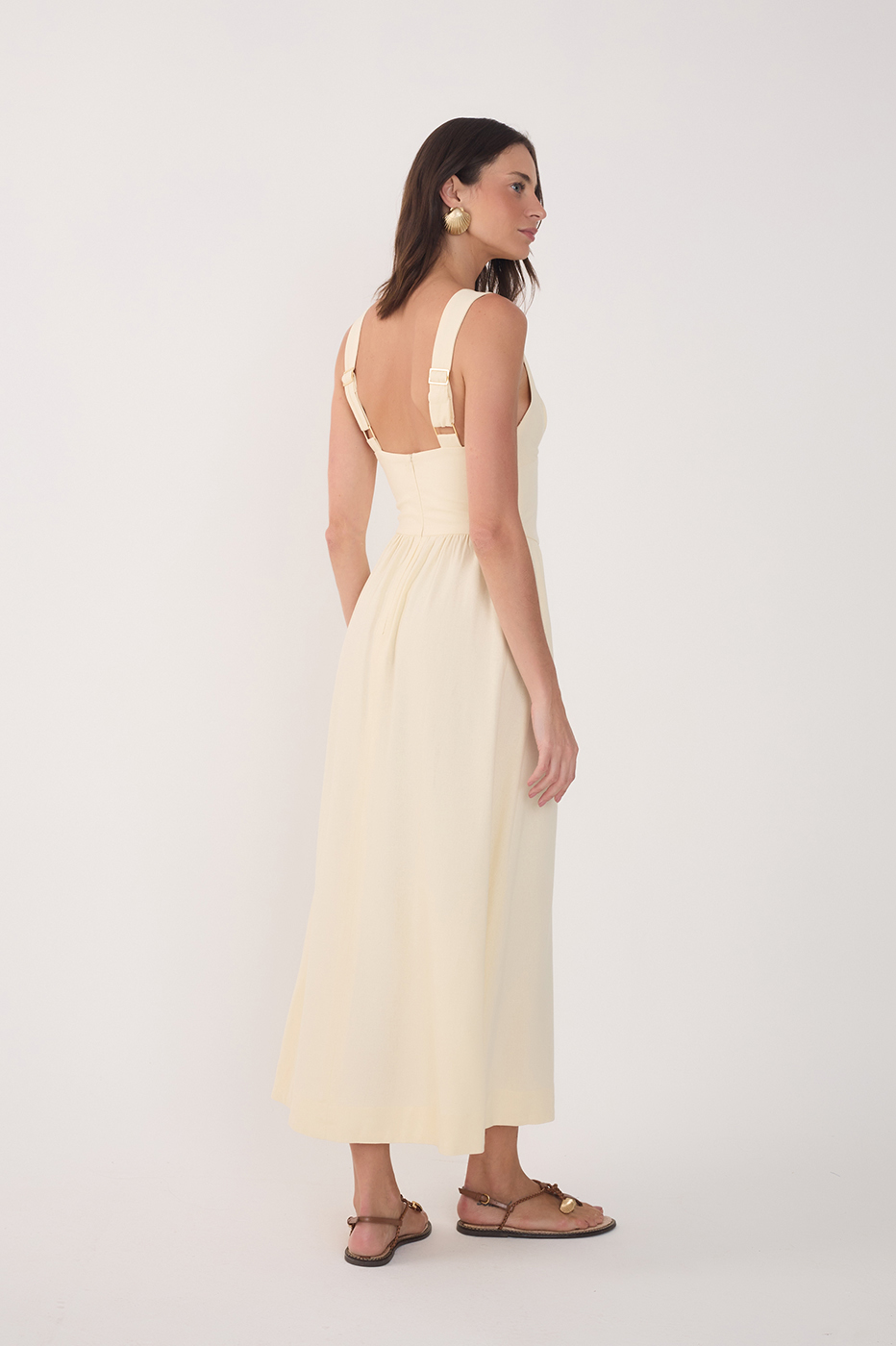 Beige Linen Cropped Large Yoke Dress