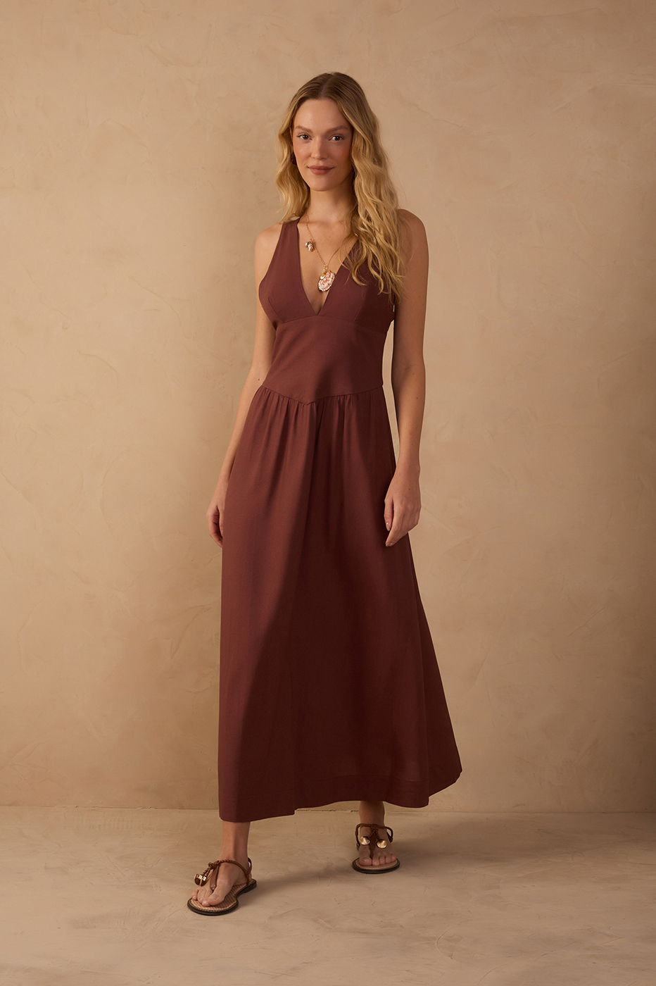 Brown Linen Cropped Large Yoke Dress