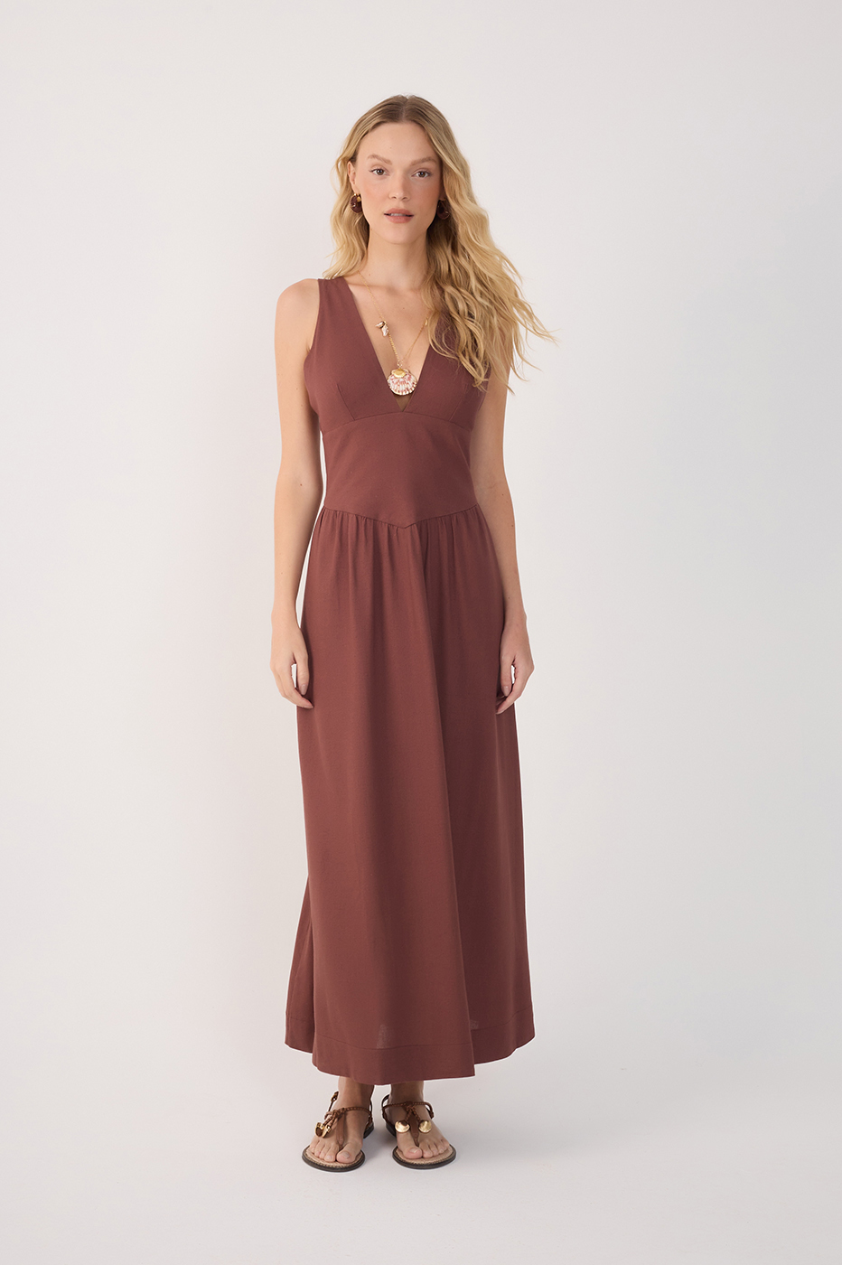 Brown Linen Cropped Large Yoke Dress