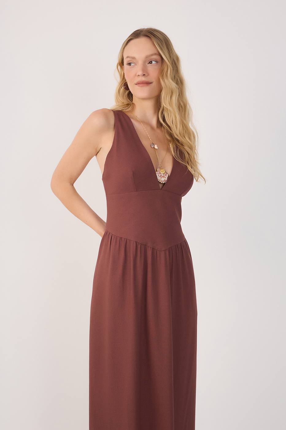 Brown Linen Cropped Large Yoke Dress