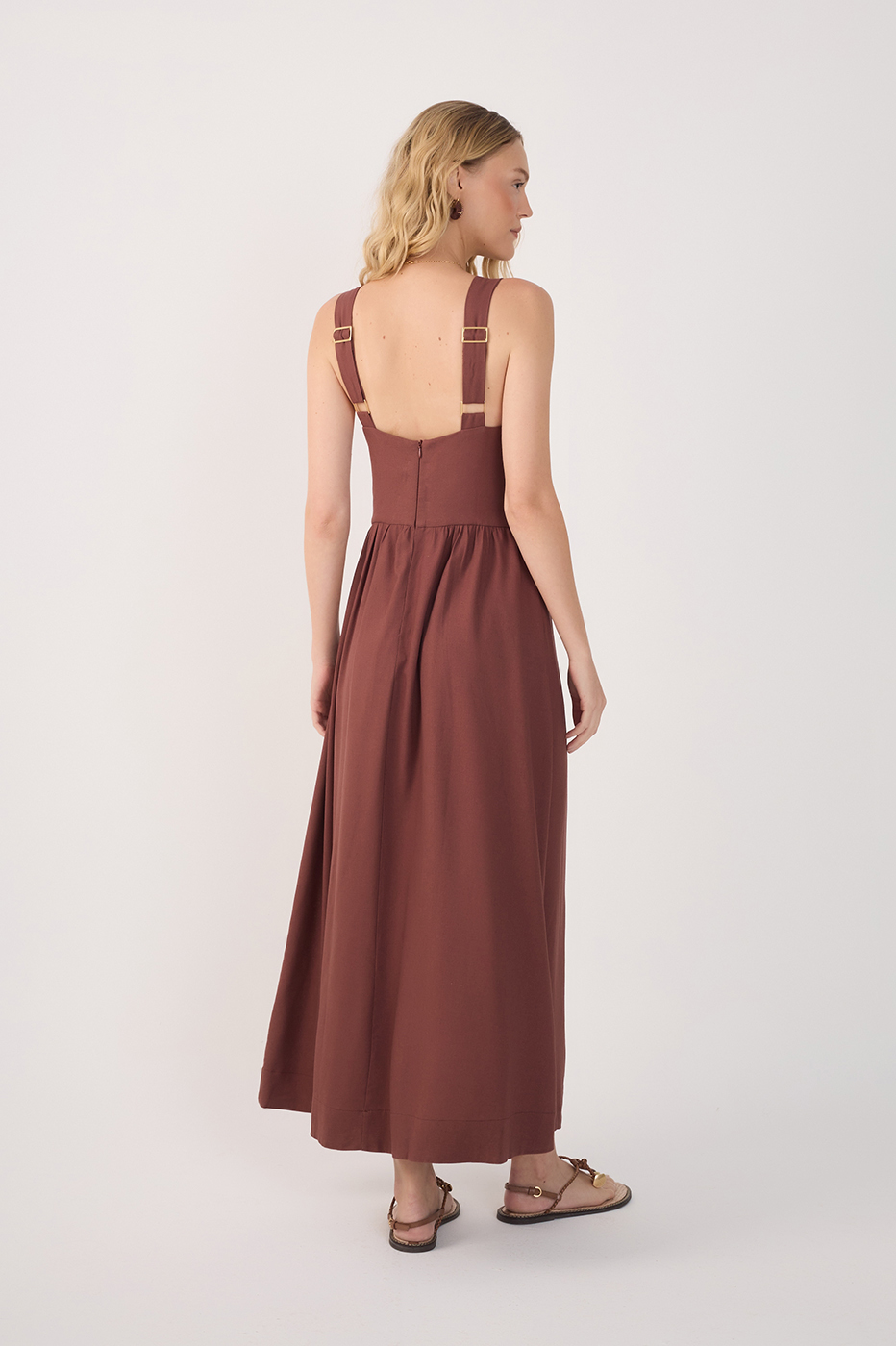 Brown Linen Cropped Large Yoke Dress