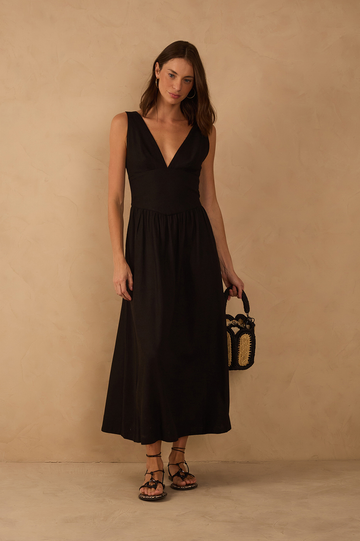 Black Linen Cropped Large Yoke Dress