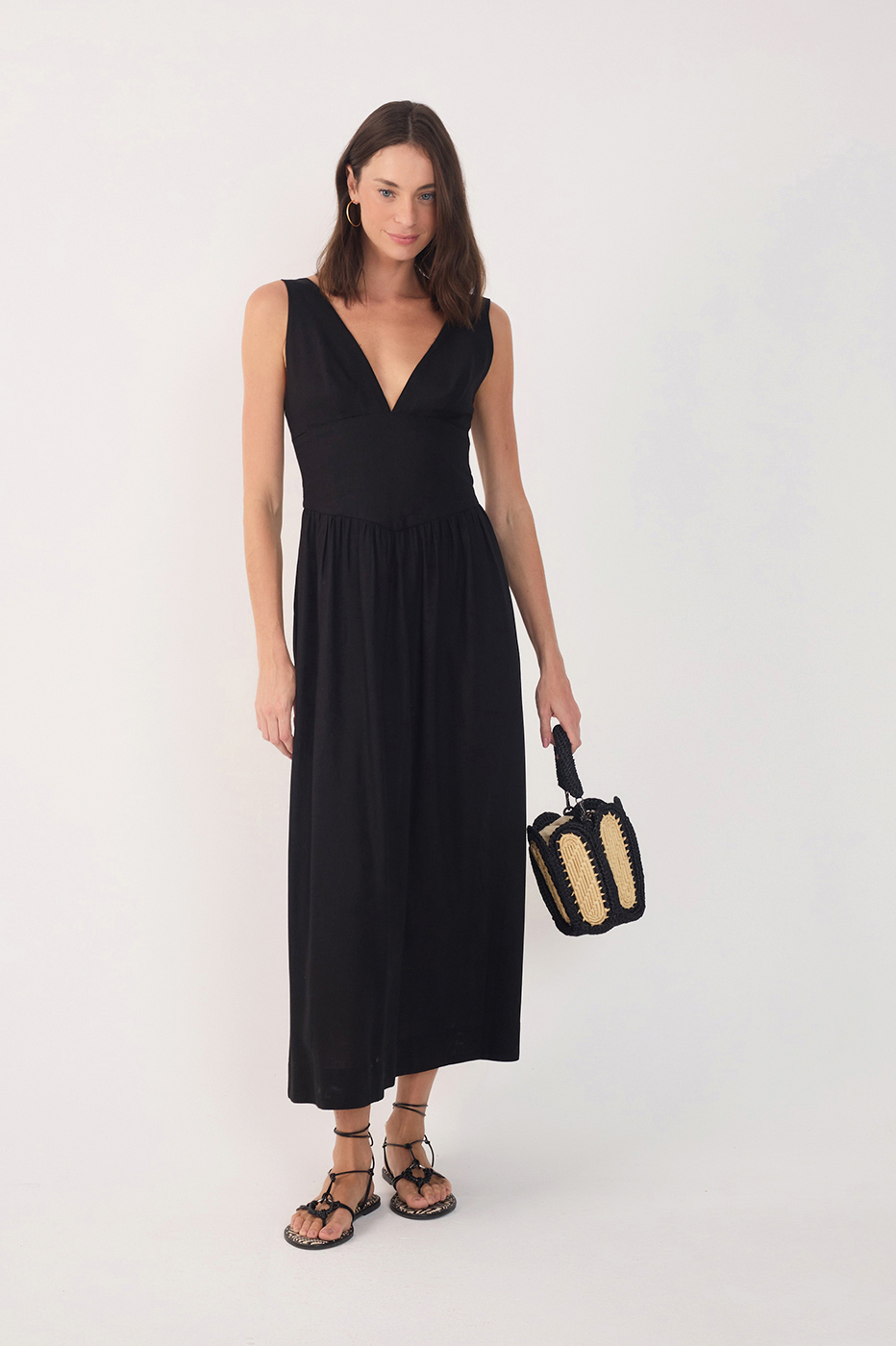 Black Linen Cropped Large Yoke Dress