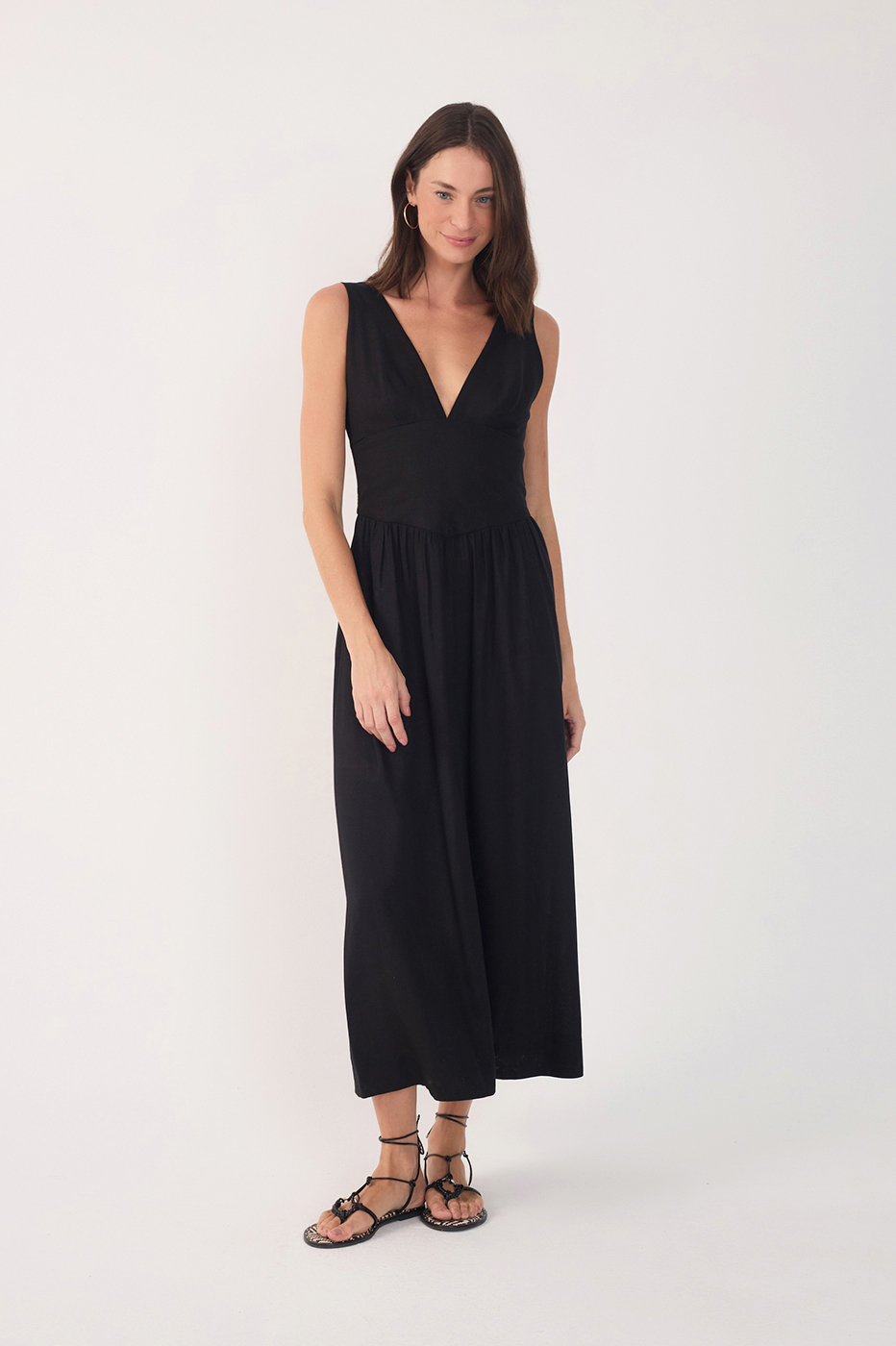 Black Linen Cropped Large Yoke Dress