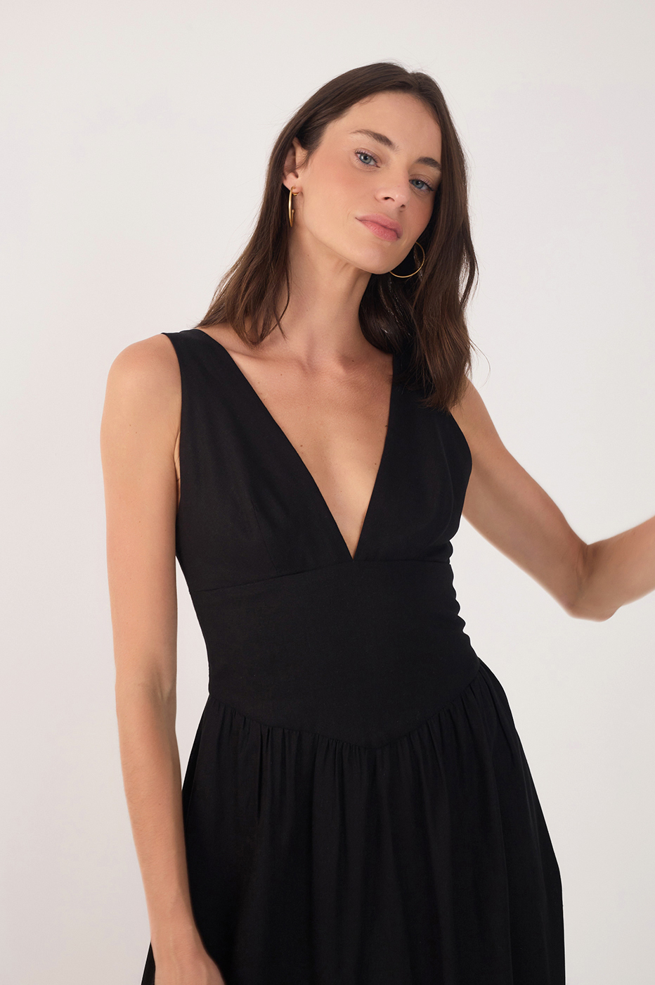 Black Linen Cropped Large Yoke Dress