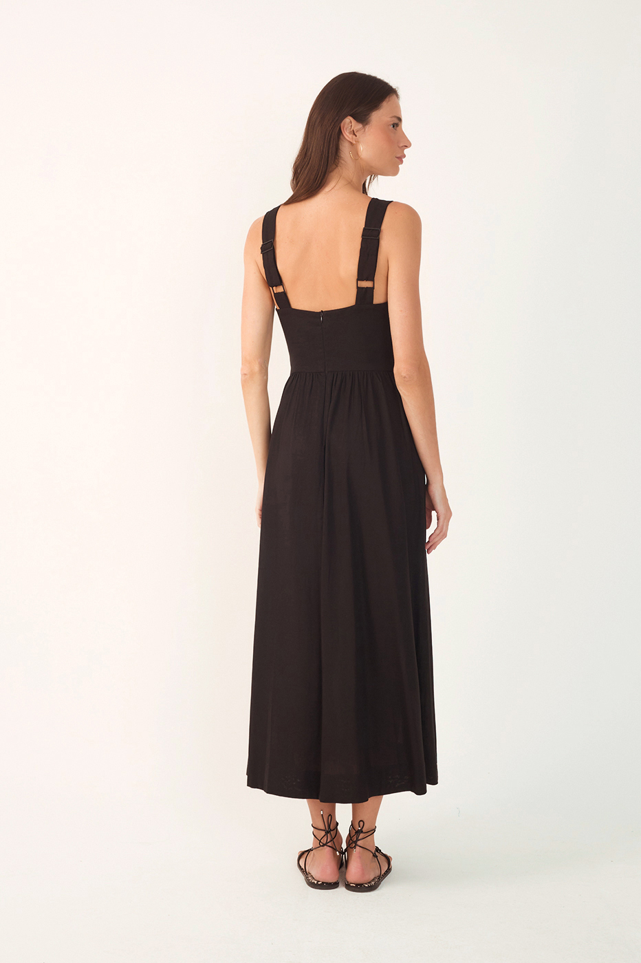 Black Linen Cropped Large Yoke Dress