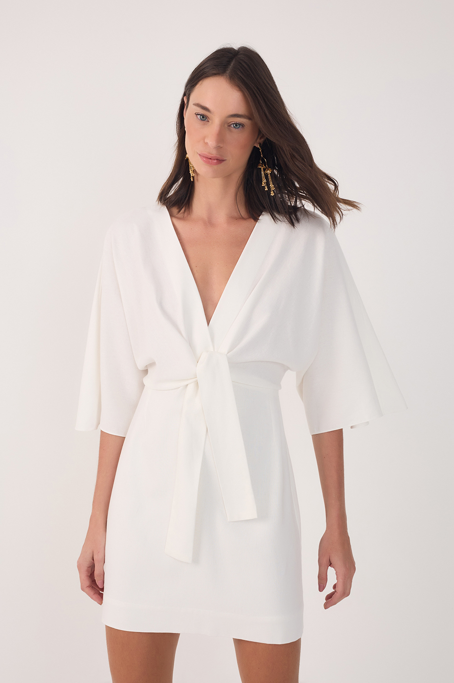 Off White Linen Short Balloon Sleeve Dress