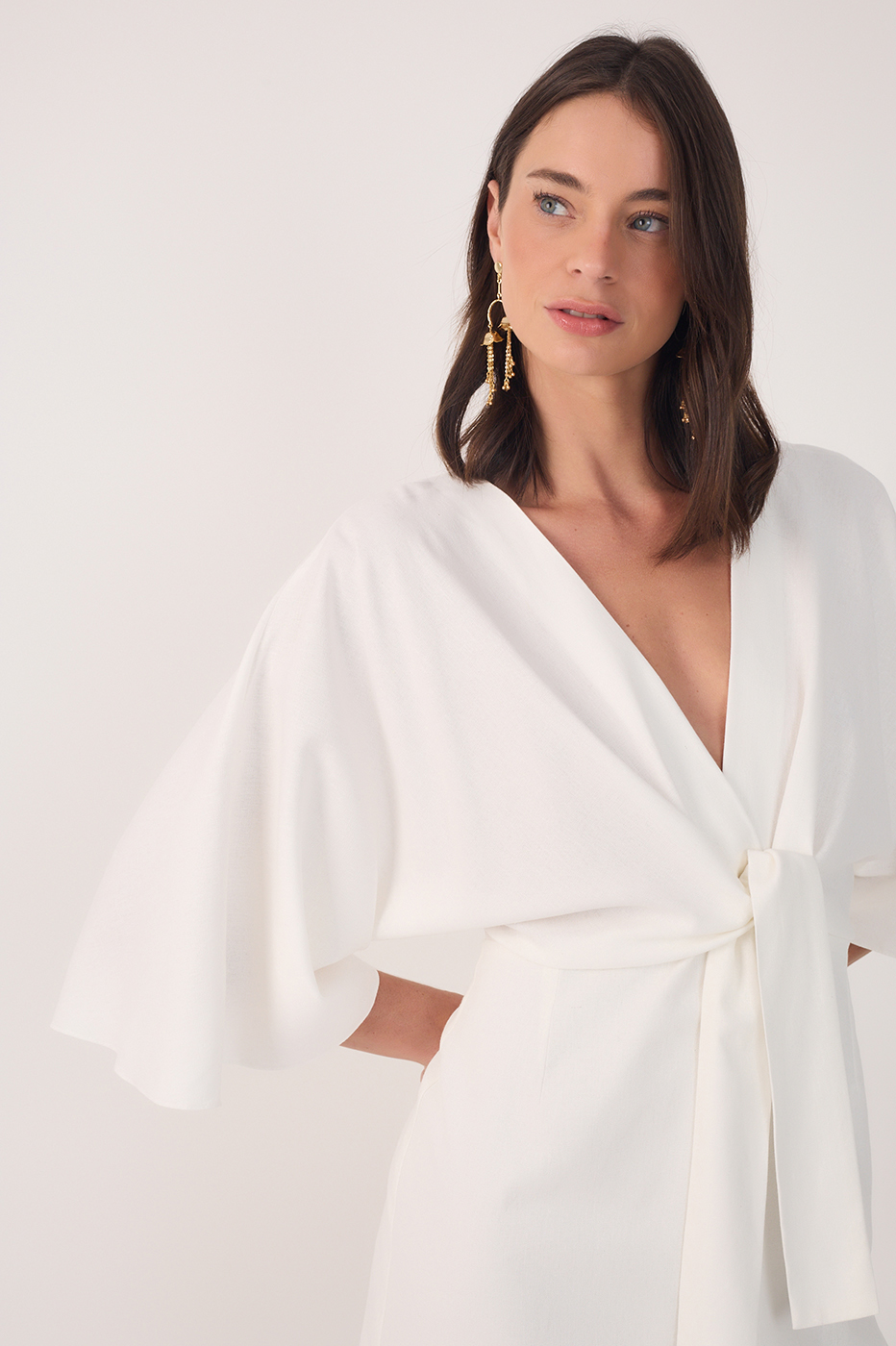 Off White Linen Short Balloon Sleeve Dress