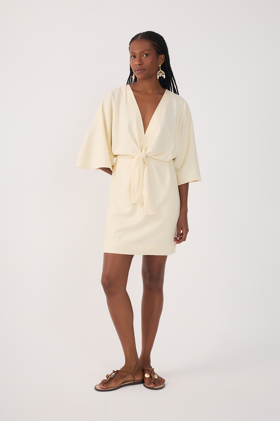 Beige Front Knot Kimono Sleeve Mini Dress