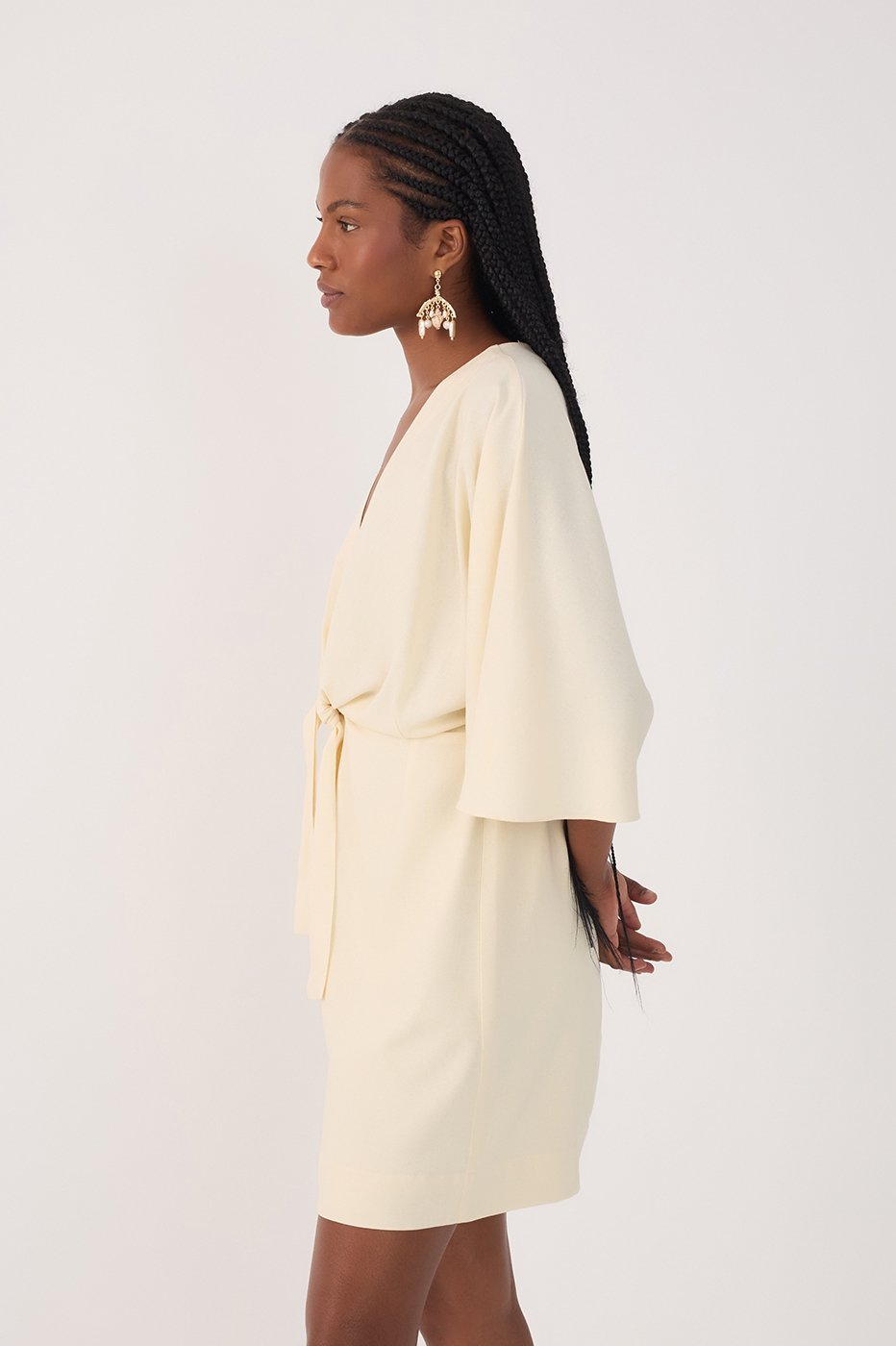 Beige Front Knot Kimono Sleeve Mini Dress