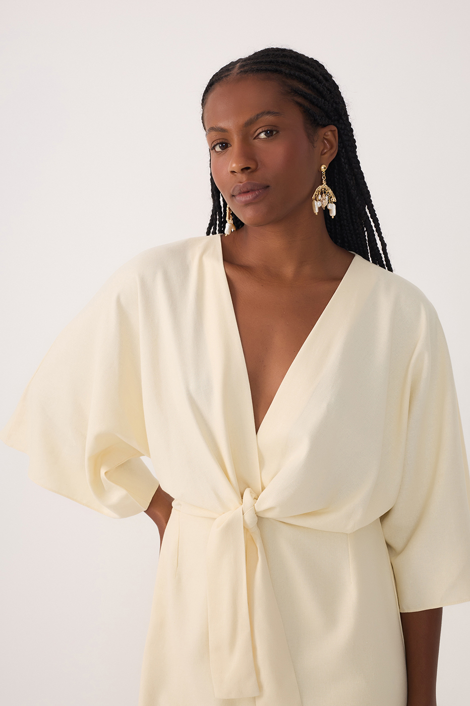 Beige Front Knot Kimono Sleeve Mini Dress