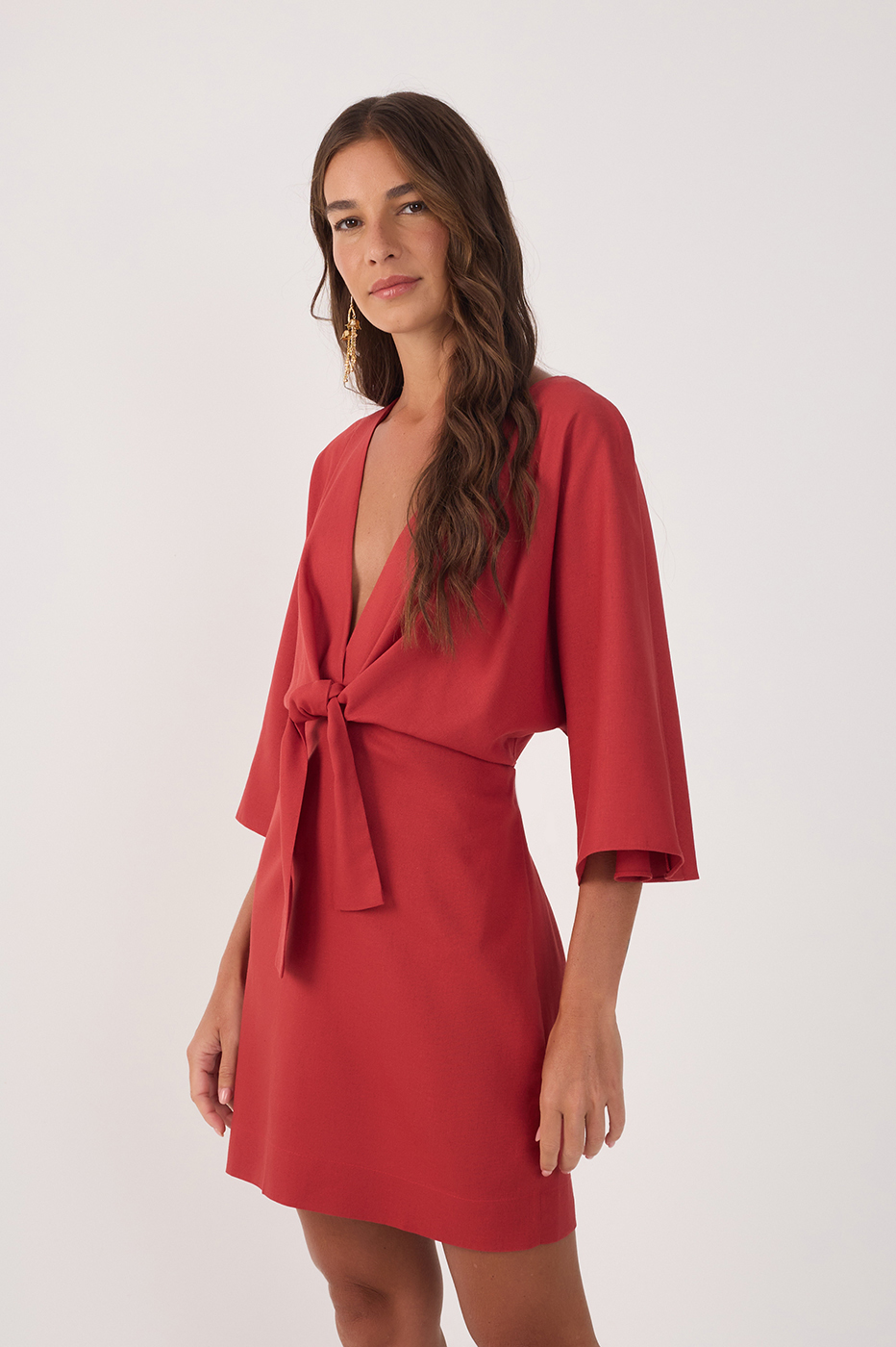 Red Front Knot Kimono Sleeve Mini Dress