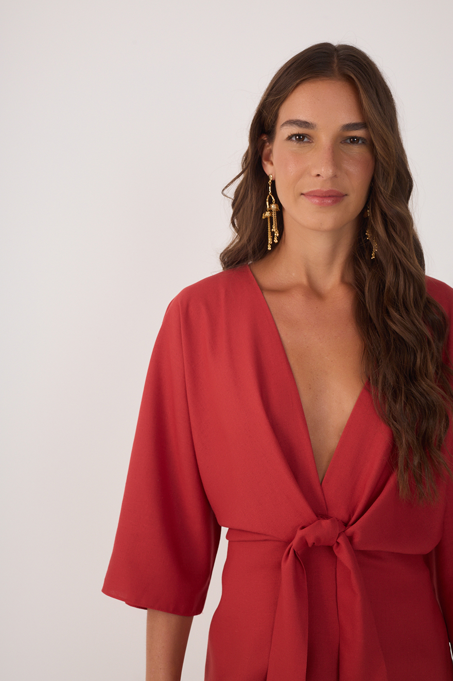 Red Front Knot Kimono Sleeve Mini Dress