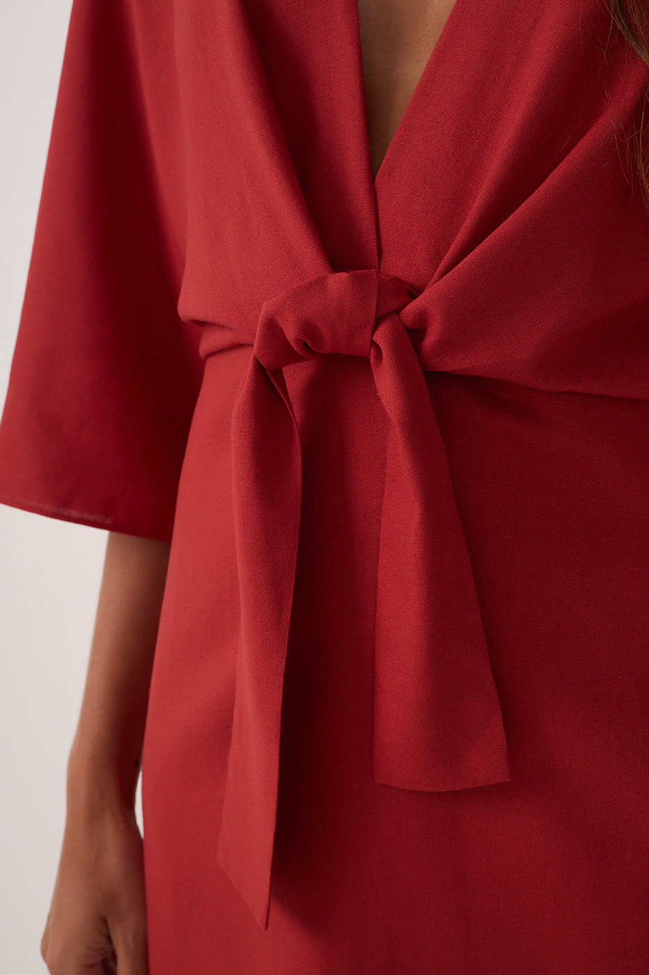 Red Front Knot Kimono Sleeve Mini Dress