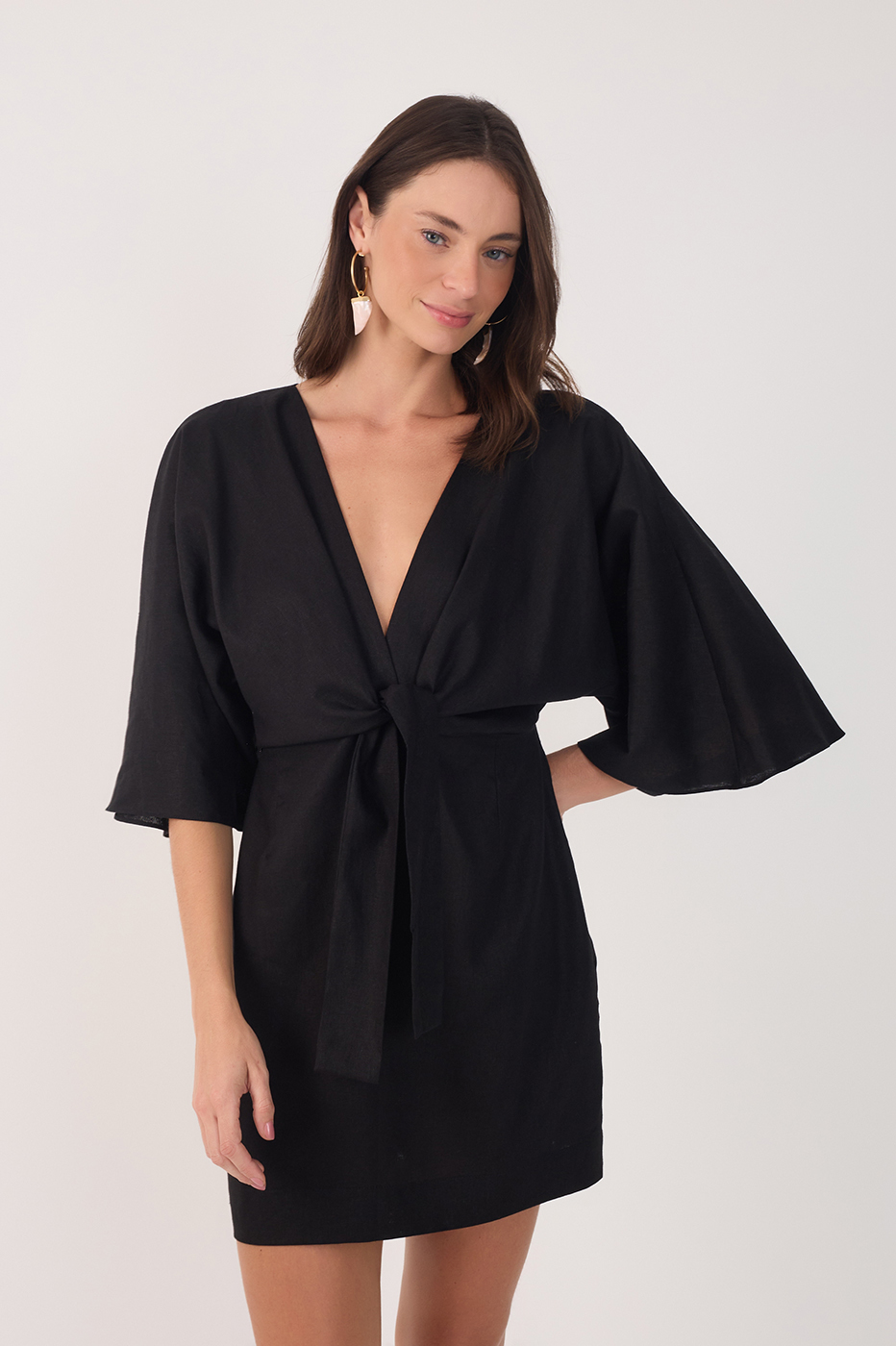 Black Linen Short Balloon Sleeve Dress