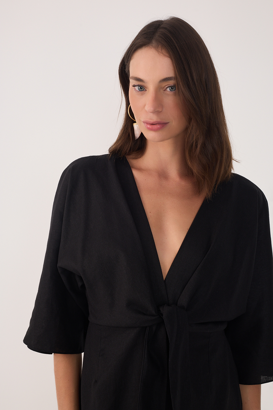Black Linen Short Balloon Sleeve Dress