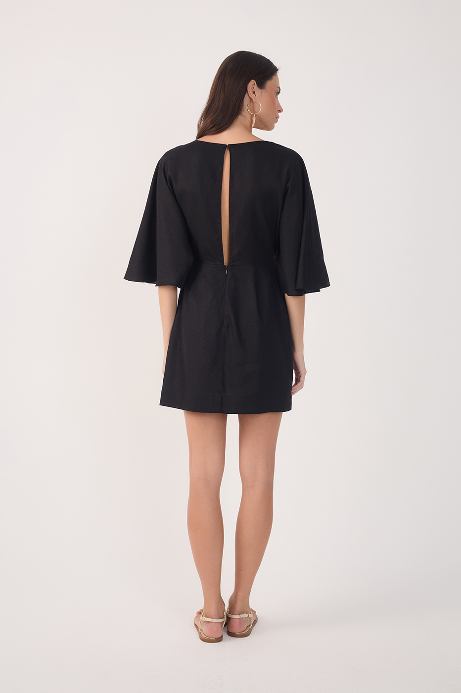 Black Linen Short Balloon Sleeve Dress
