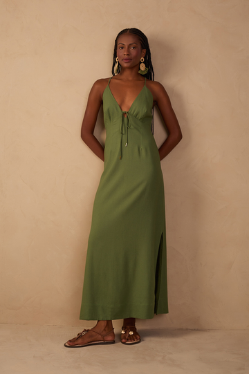 Green Front Ties Side Slits Midi Dress