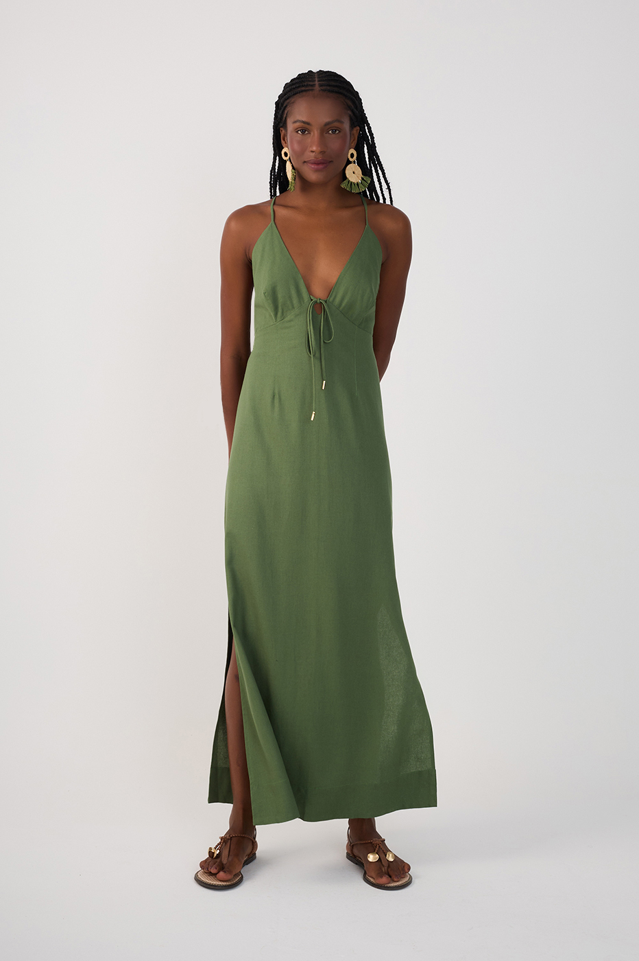 Green Front Ties Side Slits Midi Dress
