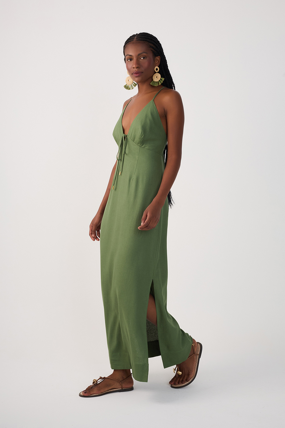 Green Front Ties Side Slits Midi Dress