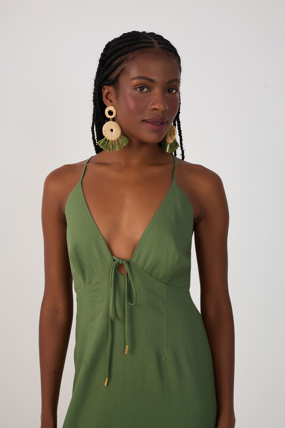 Green Front Ties Side Slits Midi Dress
