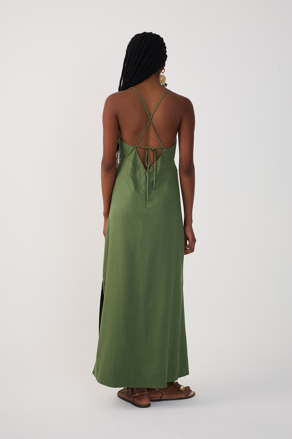 Green Front Ties Side Slits Midi Dress