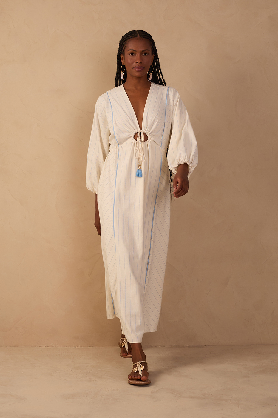 Blue Front Cut-Out Long Sleeve Maxi Dress