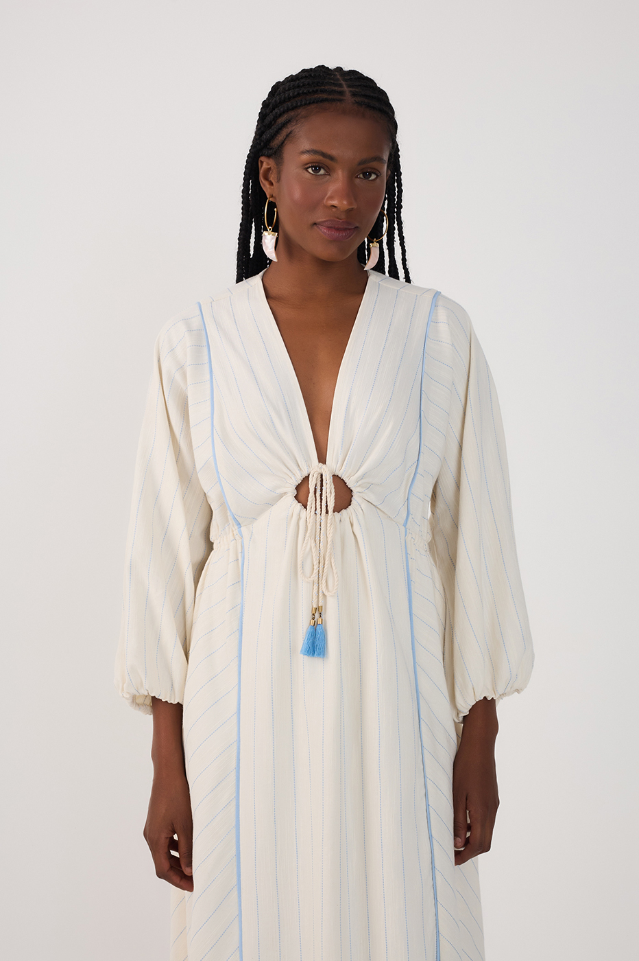 Blue Front Cut-Out Long Sleeve Maxi Dress
