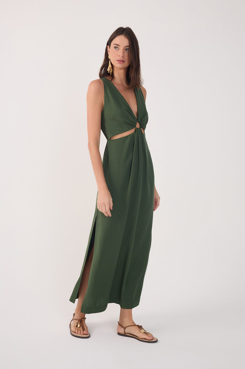 Green Cut-Out Bodice Side Slits Maxi Dress
