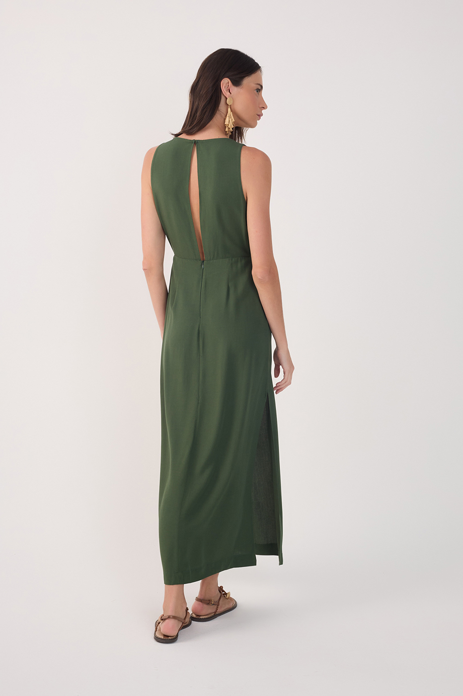 Green Cut-Out Bodice Side Slits Maxi Dress