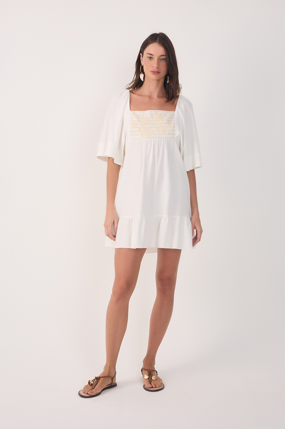 SHORT LINEN EMBROIDERED YOKE DRESS