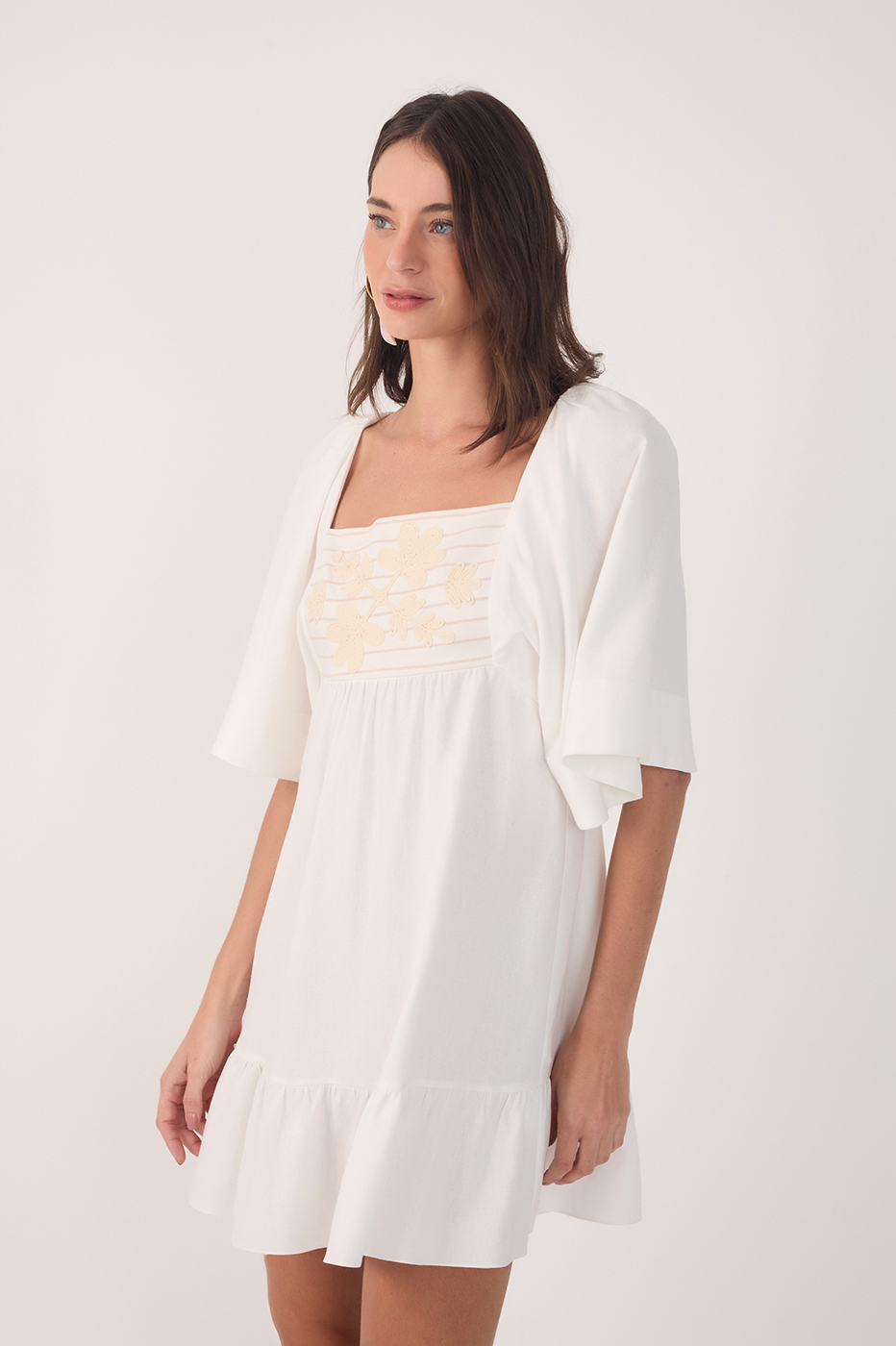SHORT LINEN EMBROIDERED YOKE DRESS