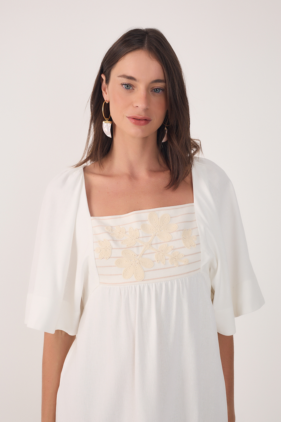 SHORT LINEN EMBROIDERED YOKE DRESS