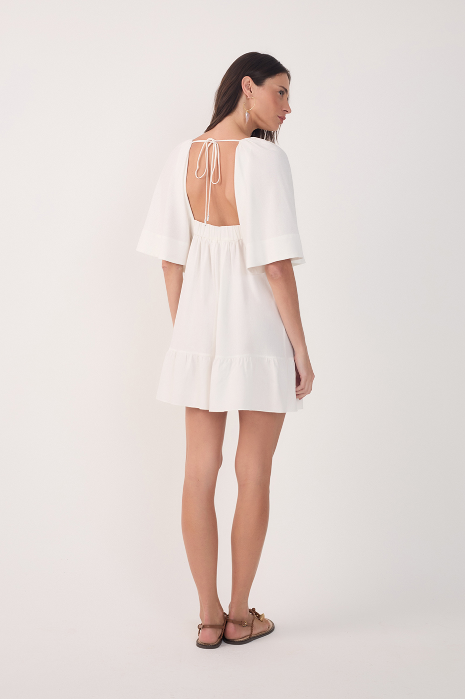 SHORT LINEN EMBROIDERED YOKE DRESS