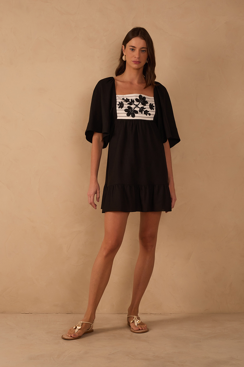 Black Embroidered Puff Sleeve Mini Dress