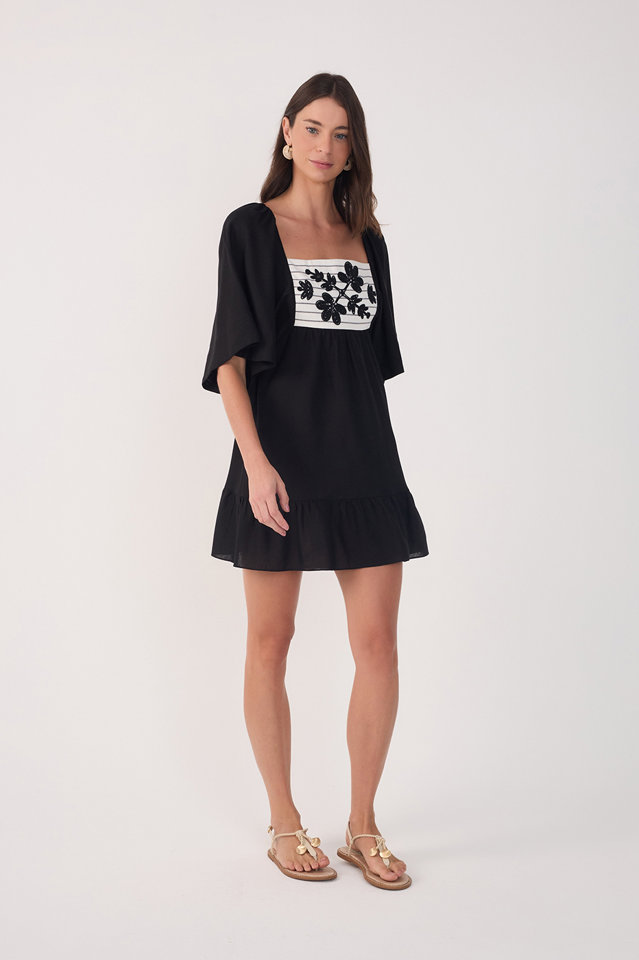Black Embroidered Puff Sleeve Mini Dress