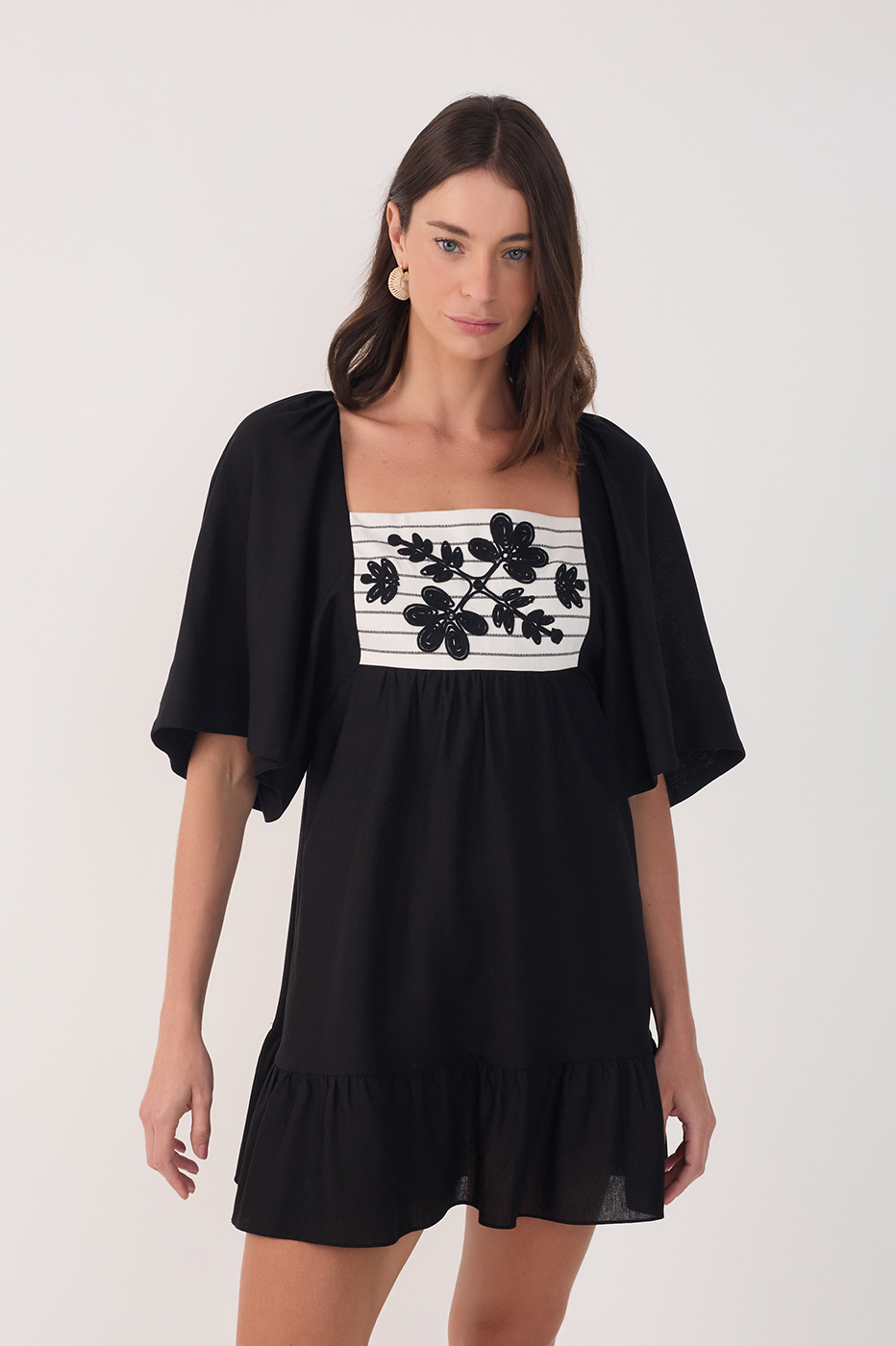 Black Embroidered Puff Sleeve Mini Dress