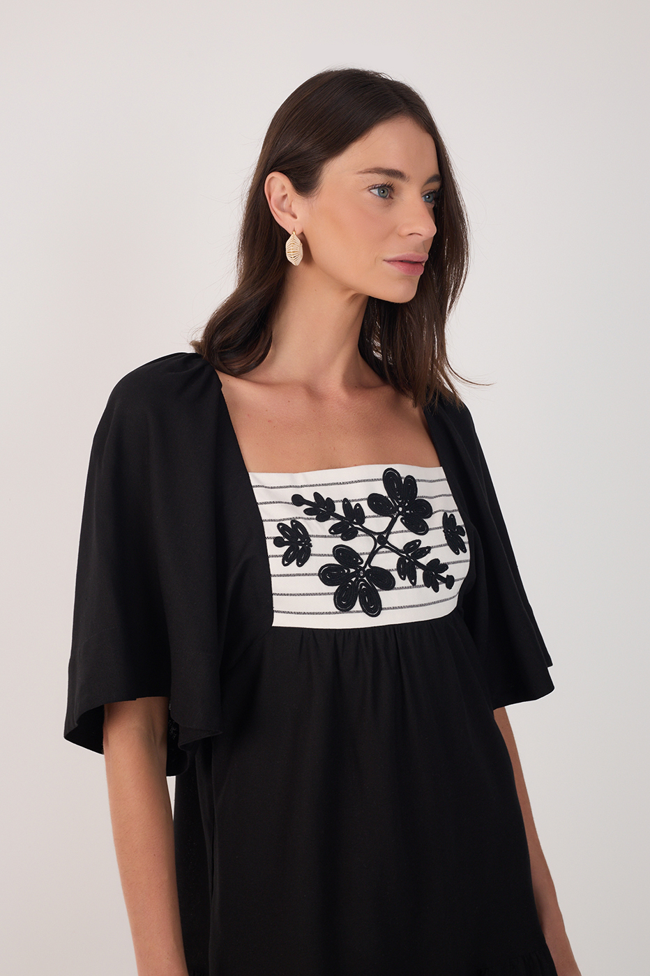 Black Embroidered Puff Sleeve Mini Dress