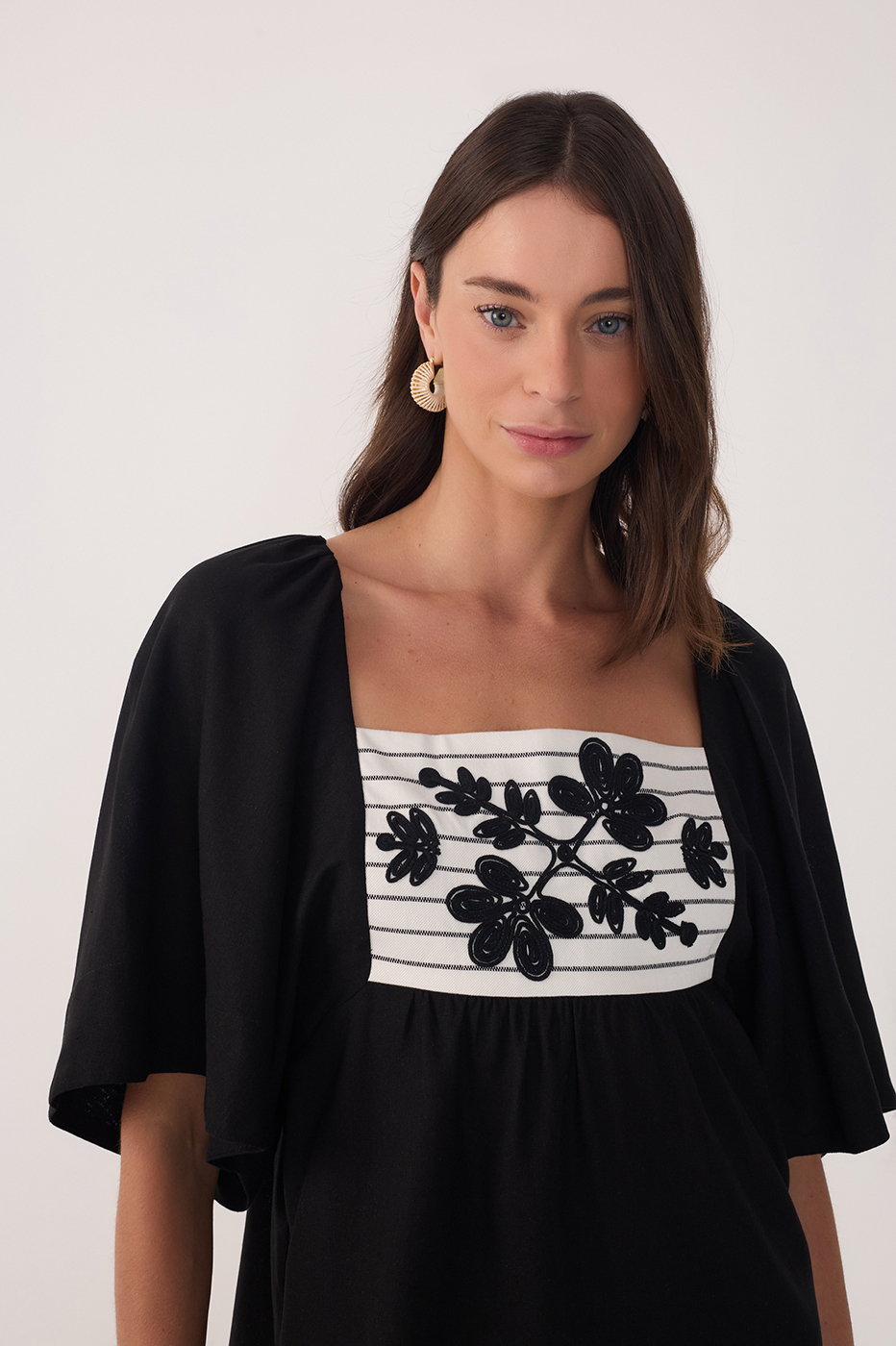 Black Embroidered Puff Sleeve Mini Dress
